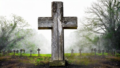 scary old grunge wooden cemetery cross on white background