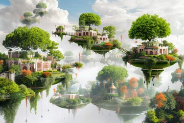 Verdant Floating Isles with Lush Mansions. Verdant floating isles featuring lush mansions and vibrant gardens in the clouds.