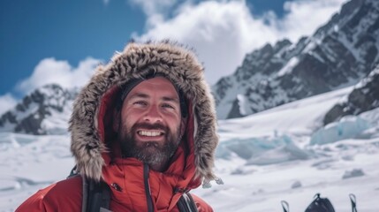 Fototapeta na wymiar A bearded man in a red parka with a fur-lined hood smiling and posing in a snowy mountainous landscape under a partly cloudy sky.