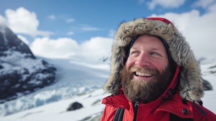 Fototapeta na wymiar A bearded man in a red parka and fur-lined hat smiling and looking up towards the camera standing on a snowy mountain with a clear blue sky and snow-covered peaks in the background.
