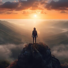 Explorer on Mountain Peak at Sunrise