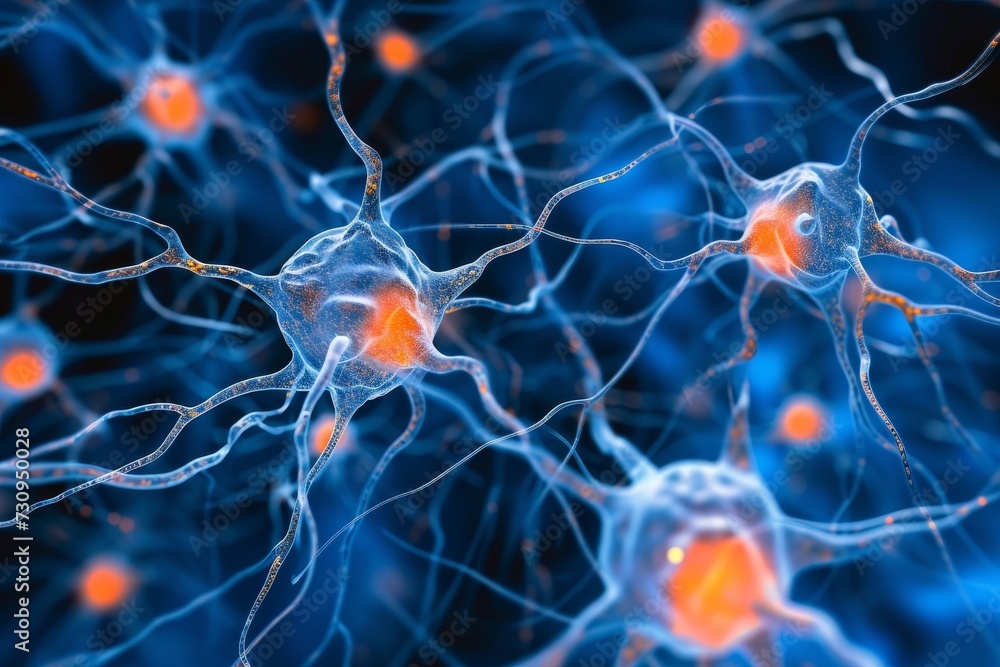 Poster neurons network in human brain, displaying interconnectedness and neural activity on black backdrop.