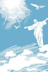 In the tranquil backdrop of an Easter blue and white card, a drawing portrays Jesus with outstretched arms atop a hill,