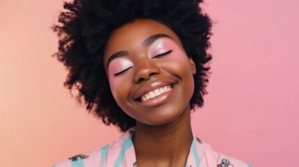 Vibrant horizontal portrait featuring a joyful Afro woman in pastel attire, adorned with glittery and colorful makeup, against a soft pastel backdrop.