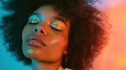 A horizontal beauty portrait featuring a happy young woman in glittering colorful makeup.