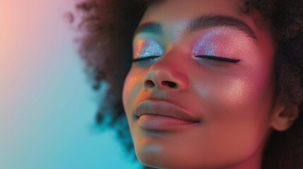 Stylish pose against a pastel background: Afro woman in glittering makeup.