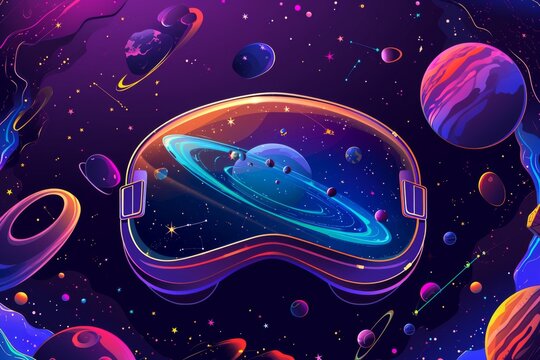 Cosmic Journey in VR Space Helmet. A vibrant VR helmet with a space theme set against a cosmic backdrop.