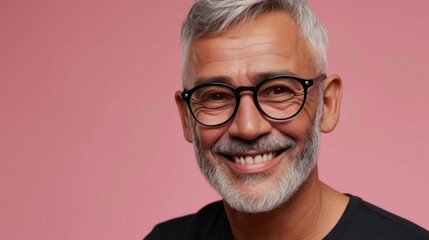 A man with a gray beard and mustache wearing black glasses smiling warmly against a pink background.