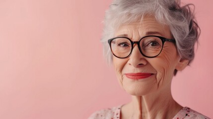An elderly woman with short gray hair wearing black glasses and a pink blouse smiling with a warm expression against a soft pink background.