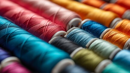 Colorful cotton threads on tailor textile fabric with sewing needles for tailoring concepts - obrazy, fototapety, plakaty