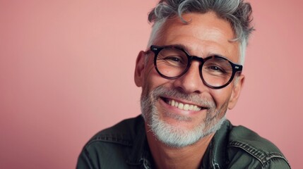 A man with a gray beard and curly hair wearing glasses and a green shirt smiling against a pink background.