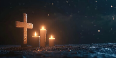 Candles and Christian Cross background. A serene setting with lit candles and a Christian cross, creating a peaceful atmosphere for reflection or prayer, copy space.