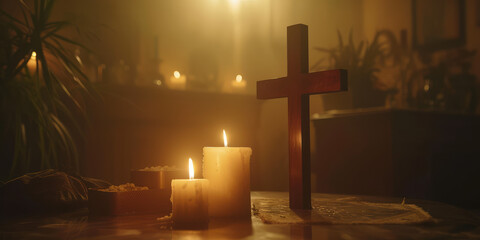 Candles and Christian Cross background. A serene setting with lit candles and a Christian cross, creating a peaceful atmosphere for reflection or prayer.