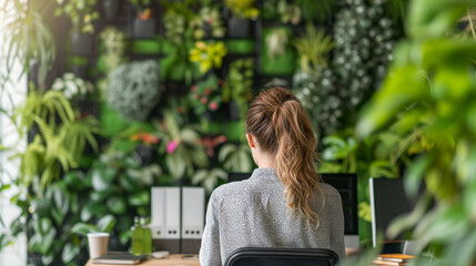 Female businesswoman is working in modern office workspace with a vertical garden wall, natural light and city view.