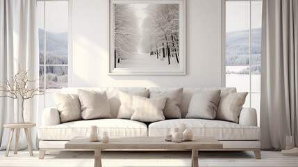 Sofa in white scandinavian 3D interior illustration.