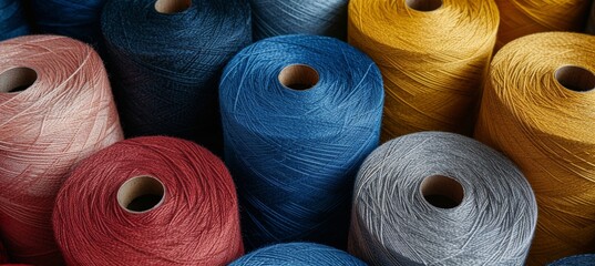 Vibrant assortment of colorful cotton thread spools on tailor textile fabric background