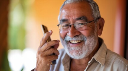 "A jovial elderly man with a white beard and glasses holding a smartphone to his ear smiling broadly and seemingly engaged in a pleasant conversation."