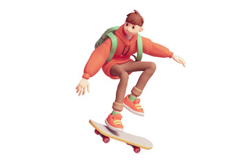 Fototapeta na wymiar Young cute excited funny smiling сasual asian active guy in fashion clothes red hoodie, brown jeans, green backpack jump up floats in air on skateboard have fun joy. 3d render isolated transparent.