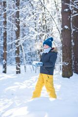 Fototapeta na wymiar happy 11 year old boy walks in a snowy forest on a winter day in warm clothes. A joyful child walks in the forest on a sunny day, holding snow in his hands.