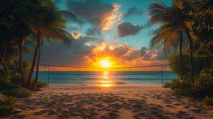 Beach volleyball court with sunset view background - obrazy, fototapety, plakaty