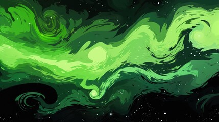 Fototapeta na wymiar Abstract Cosmic Swirls with Stars. Abstract swirls of green and black under a star-studded sky.