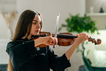 A young elegant girl rehearses the melody of a classical piece of music on the violin in a bright...