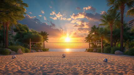 Beach volleyball court with sunset view background