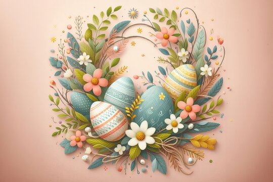 Ein dekorativer Osterkranz mit bemalten Eiern, Blumen und Bl&auml;ttern in sanften Pastellt&ouml;nen, der eine fr&ouml;hliche und religi&ouml;se Atmosph&auml;re zum Osterfeiertag vermittelt. Generative KI