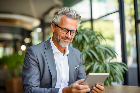 Portrait of successful mature businessman investor, man with glasses and beard smiling and looking at tablet.