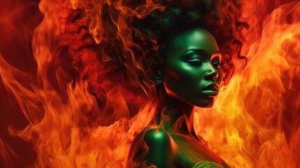 Emerald Glow and Fiery Curls African Beauty. African beauty with emerald glow amidst fiery curls.