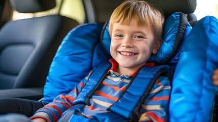 Happy child in car safety seat, travel safely concept for kids on road trips and family vacations