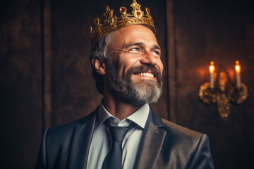 A man with a crown on his head and wearing a suit.