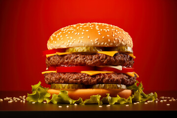 A big and delicious hamburger on a red background.