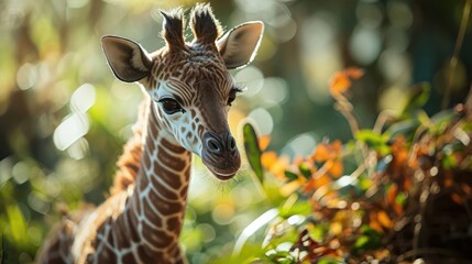 Obraz premium closeup photography Giraffe calf doll, showcasing its long neck and gentle nature, arranged in a savannah-inspired scene