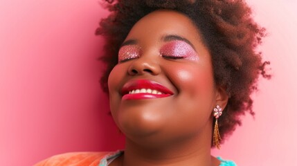 A stunning horizontal portrait of a beautiful plus-size woman radiating confidence against a pastel background.