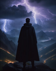 Man in a coat stands in front of a mountain range with a thunderstorm at night