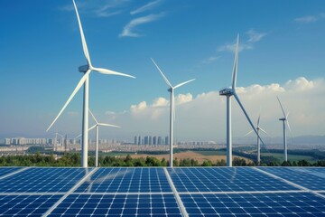 Renewable Energy Landscape with Wind Turbines and Solar Panels. Landscape with solar panels and wind turbines against blue sky.