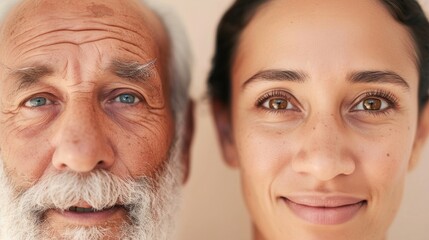 Close-up portrait of two individuals likely a man and a woman with a focus on their faces.