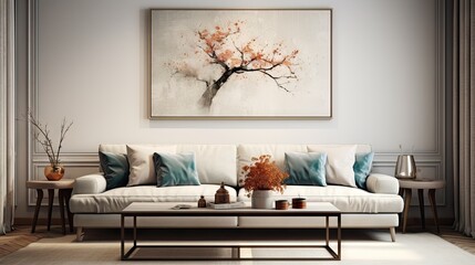 Stylish living room with comfy couch and lovely wall art.