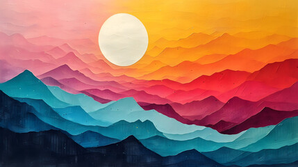 abstract oil painting depicts a sunrise over Wutong Mountain