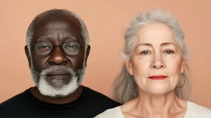 Two individuals an older man and an older woman with a warm neutral background.