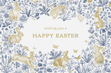 Lawn. Greeting Card. Vintage vector illustration. Happy easter. Blue and gold