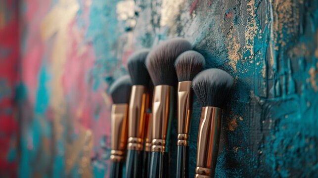 A chic makeup brush set arranged against a backdrop of artistic graffiti.