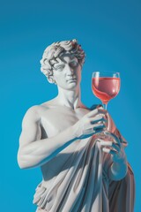 A statue of a man holding a glass of wine In a vibrant pop art style, a statue of an ancient god...
