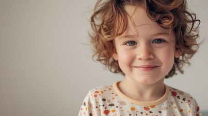 A child with curly hair and blue eyes wearing a white shirt with a colorful pattern smiling at the camera.