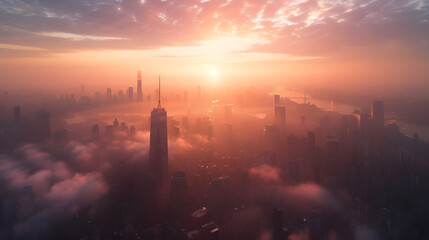 Wide-angle shot of dawn over the metropolis