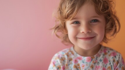 A child with curly hair wearing a floral print top smiling brightly against a soft-focus pink background.