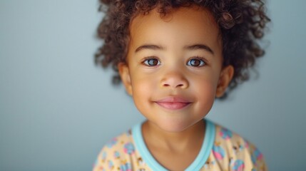 Naklejka premium A close-up portrait of a young child with a joyful expression featuring curly hair and bright eyes wearing a patterned onesie with a blue collar.