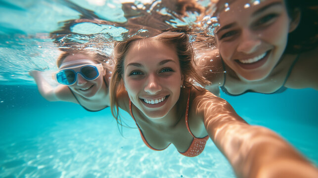 happy women friends swimming underwater in pool taking selfie.