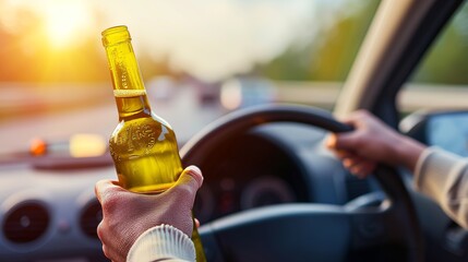 Reckless drunk driving  young man operating vehicle under alcohol influence with wine bottle